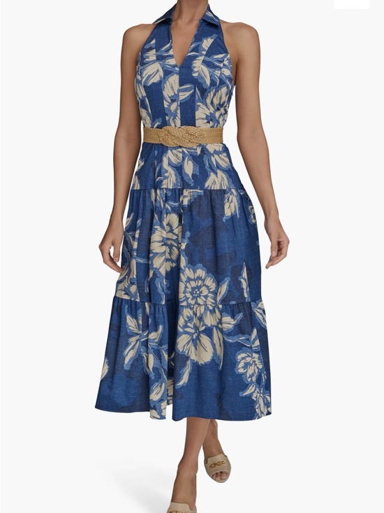 Donna Karan Dresses & Skirts - Donna Karan Blue and Cream Halter Floral Midi Dress Size 14 missing belt